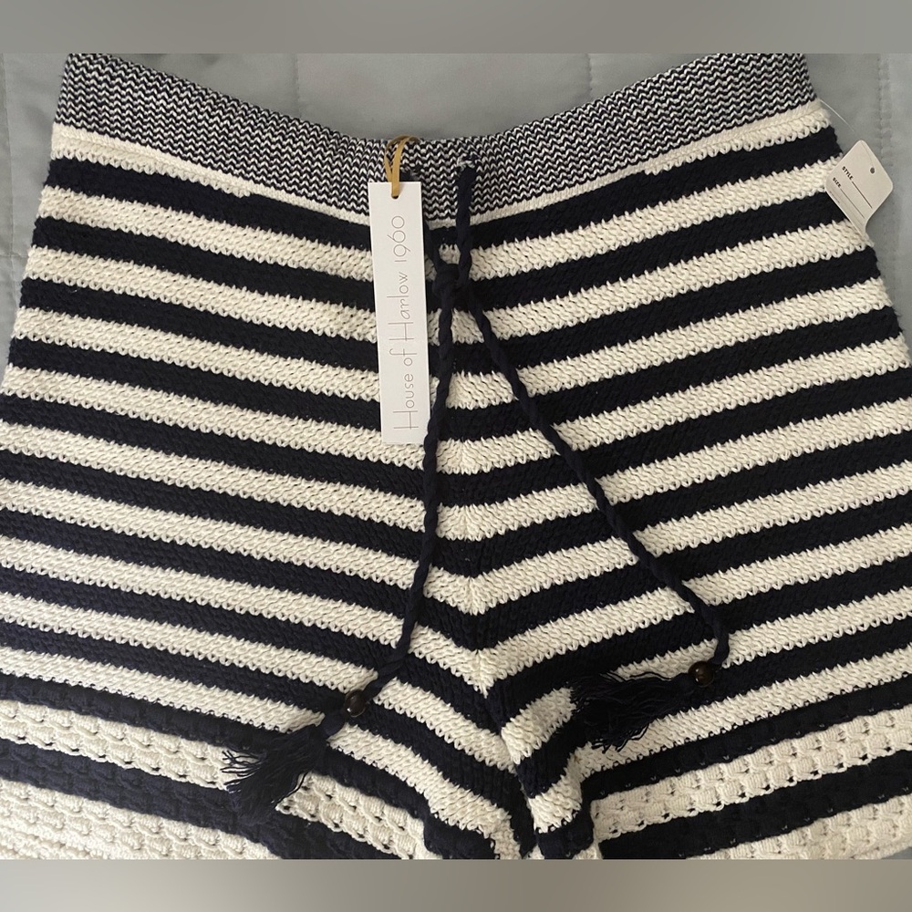 House of Harlow 1960 High Waist Band in Dark Blue and  White Striped Shorts
